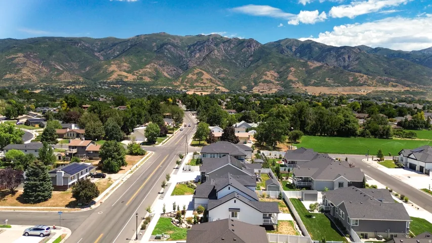 Aerial perspective showcasing a residential area with varied housing styles