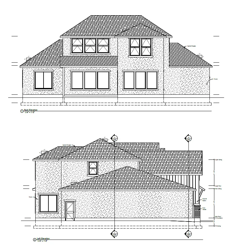 Architectural Elevations. Presenting the rear and left side exterior views of the property
