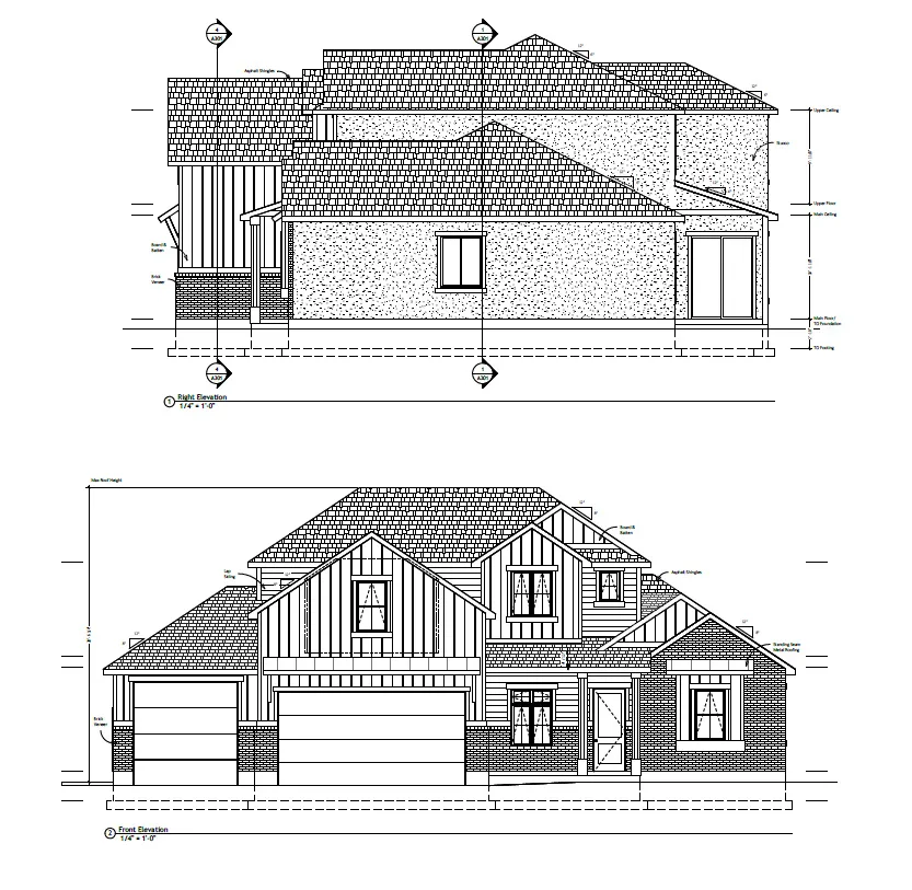 Architectural Drawing, Elevations. Displaying the front and rear external views of the property