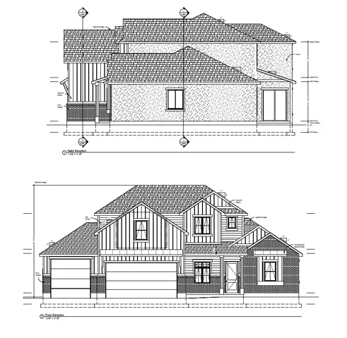 Architectural Drawing, Elevations. Displaying the front and rear external views of the property
