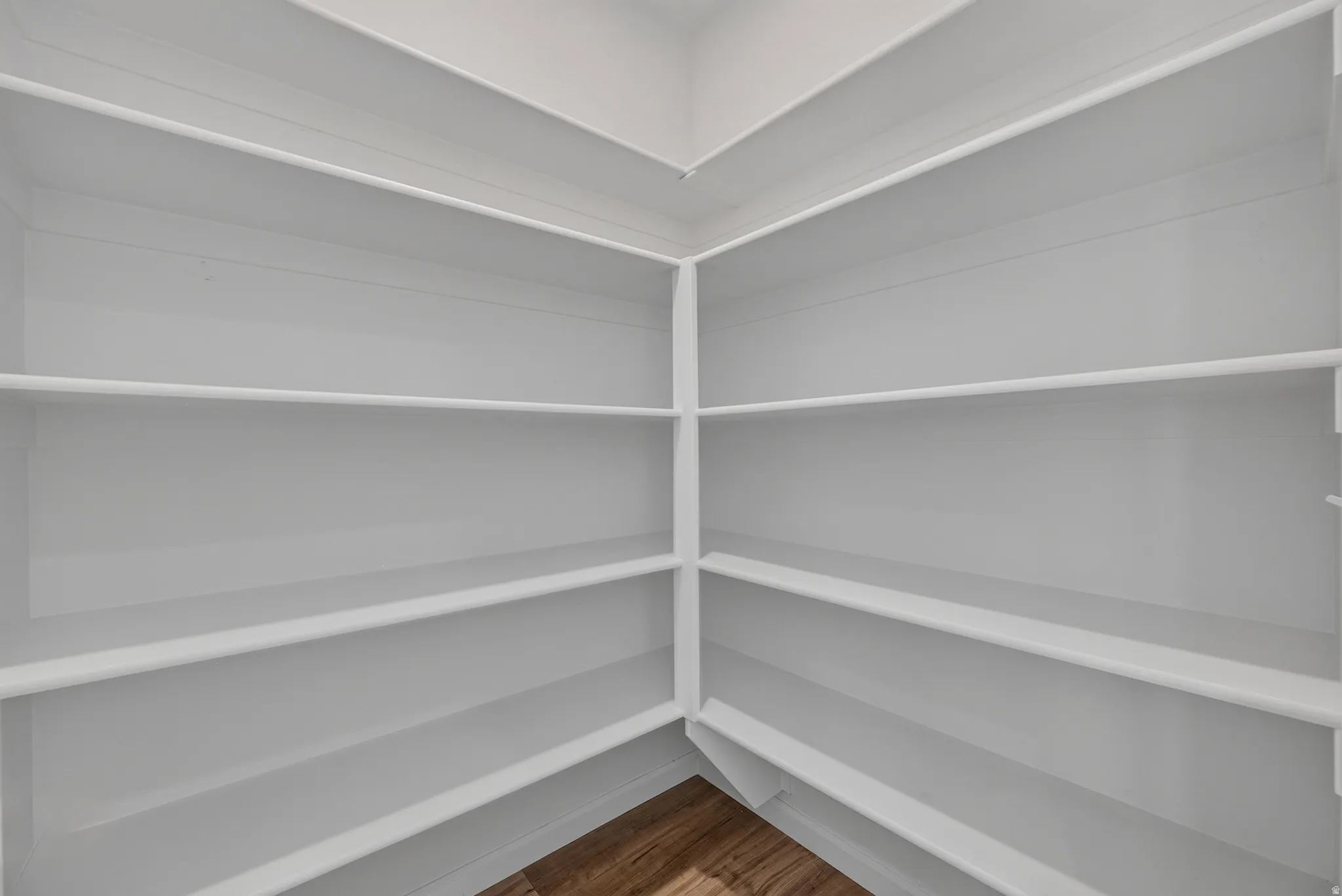 Corner pantry featuring multiple tiers of white shelving and wood-finish flooring