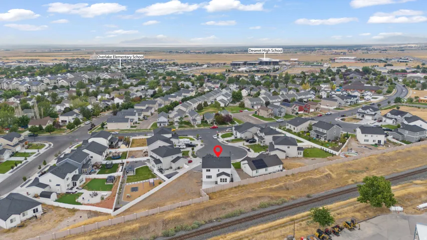 Aerial perspective showcasing a residential neighborhood with varied home styles