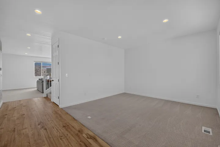 Open-concept living area featuring a neutral carpet and wood-finish flooring