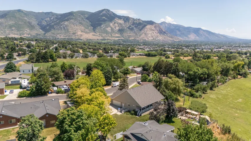 Expansive mountain backdrop framing a residential area with mature trees and green spaces