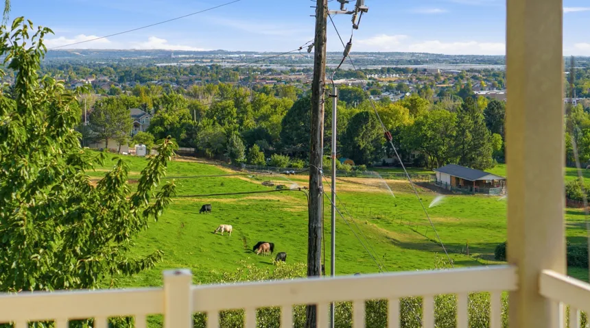 Expansive green acreage with distant city and mountain scenery
