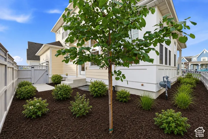 Side yard featuring a mature tree, bark mulch, and established landscaping plants