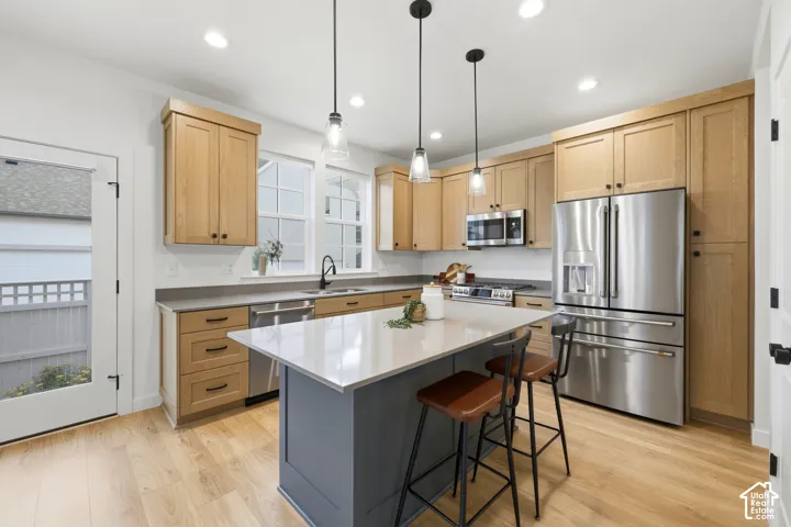 Kitchen featuring light wood-finish cabinetry, stainless steel appliances, and a central island with a light-toned countertop