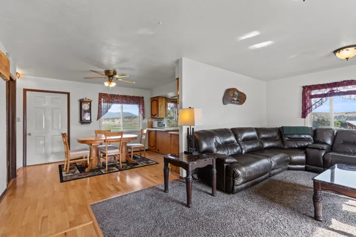 Open-concept living area featuring light wood-finish flooring, a neutral color palette, a ceiling fan, and abundant natural light from multiple windows