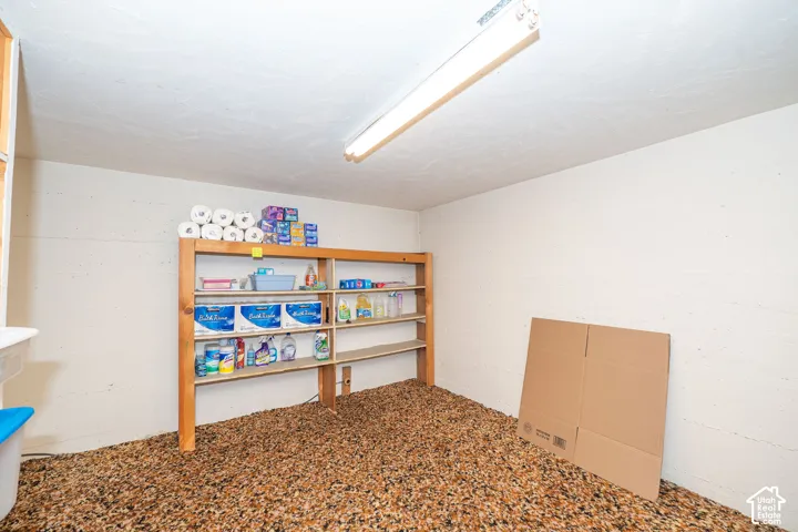 Utility room featuring an exposed aggregate floor, built-in shelving, and overhead fluorescent lighting