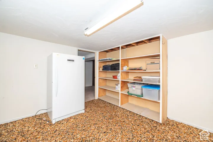 Built-in shelving unit providing extensive storage, overhead fluorescent lighting, and a textured carpeted floor