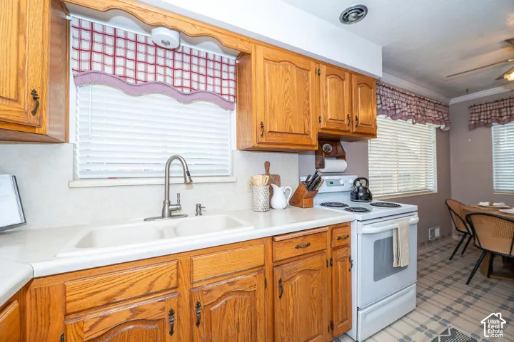 Kitchen featuring wood cabinetry, a double basin sink with a gooseneck faucet, white countertops, and a white electric range