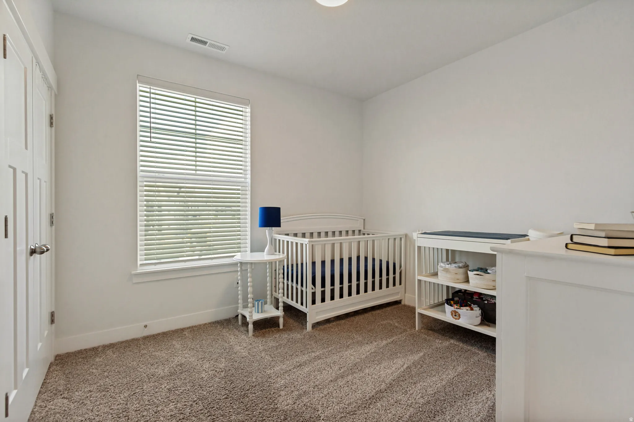 Neutral-toned carpeted room with white walls, a large window featuring blinds, and a white interior door