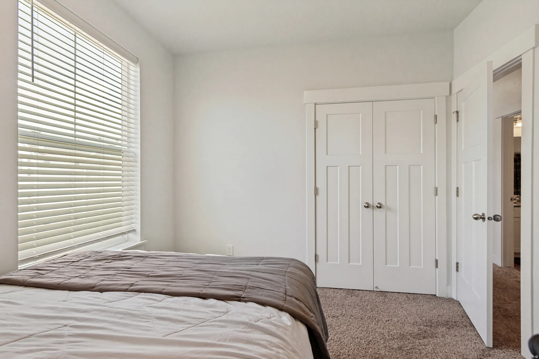Room featuring a large window with horizontal blinds, neutral wall paint, and plush carpet flooring