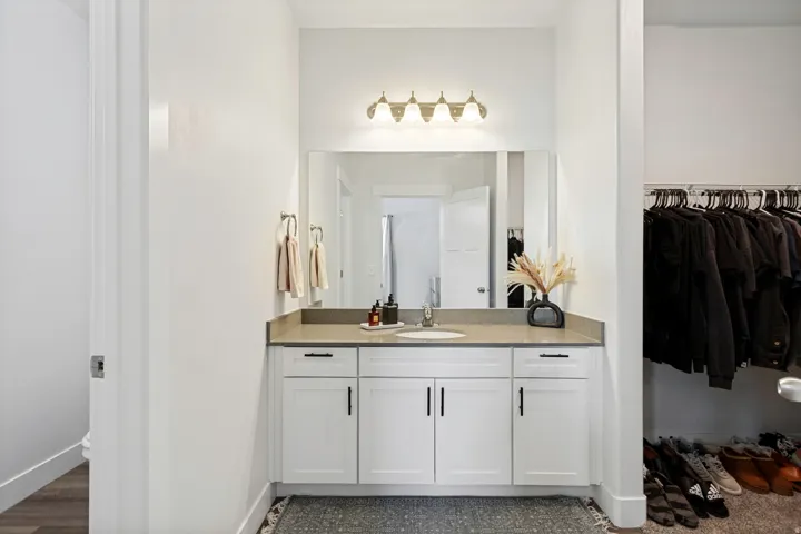 Bathroom vanity with white cabinetry and dark hardware