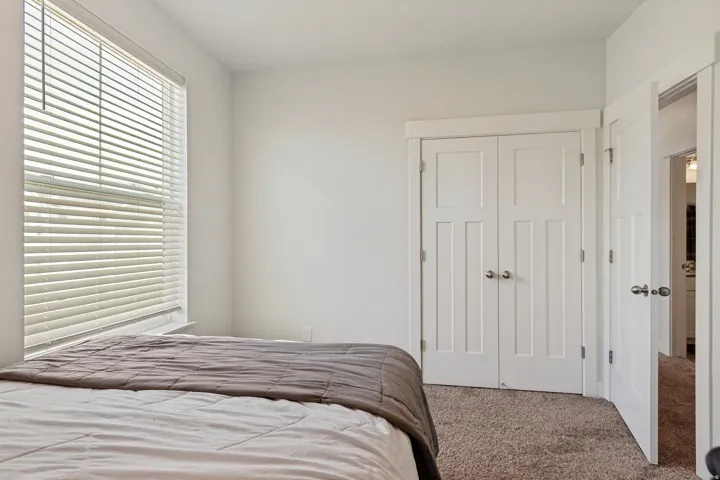 Room featuring a large window with horizontal blinds, neutral wall paint, and plush carpet flooring