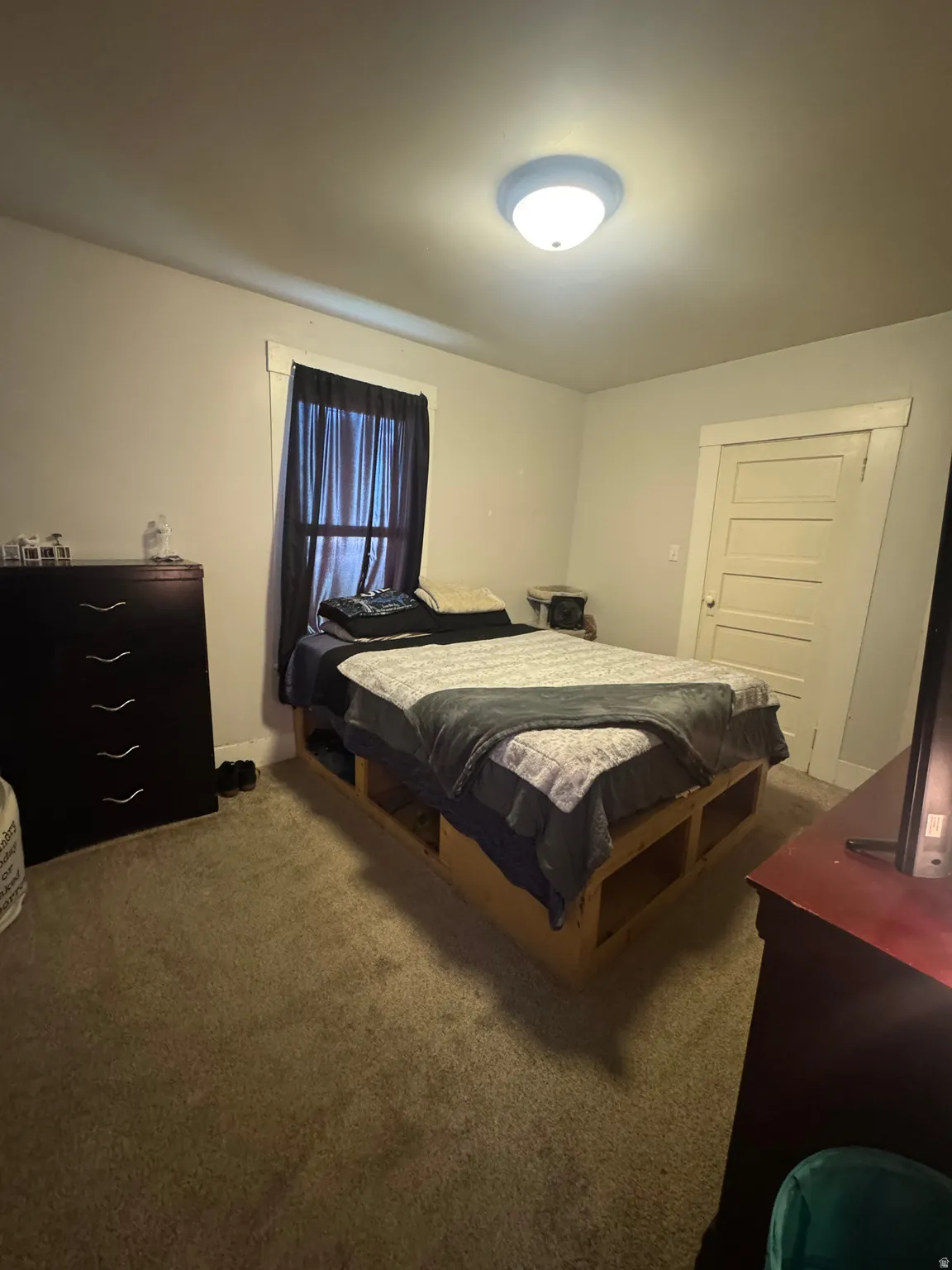 Neutral-toned carpeting and walls complement the room's bright overhead lighting