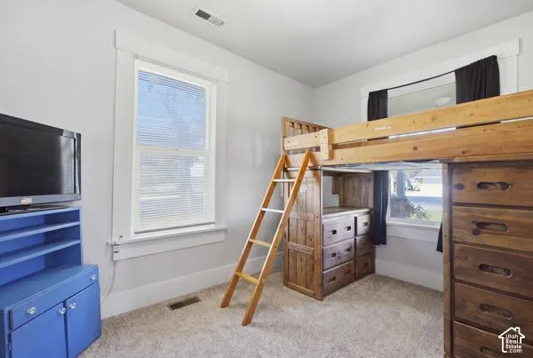 Carpeted flooring, two windows with blinds, and light-toned walls