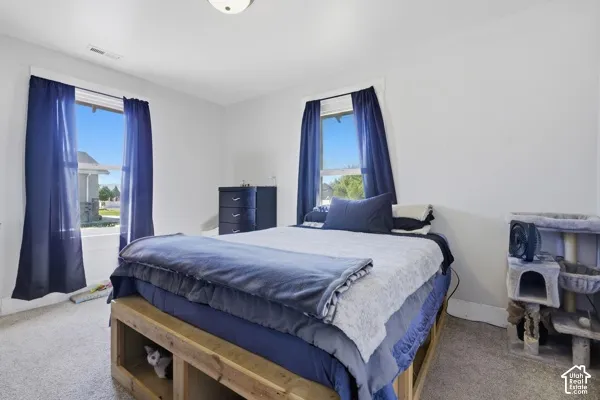 Neutral wall color, carpeted flooring, and a flush-mount ceiling light fixture