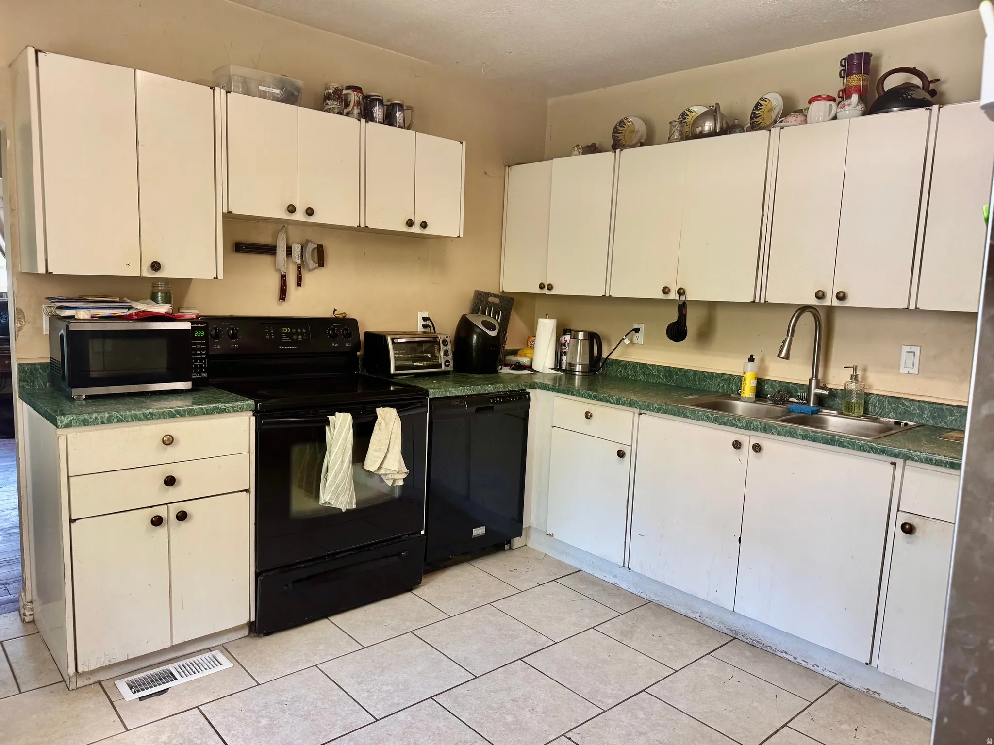 Kitchen featuring light-toned cabinetry with dark hardware, a double basin sink, and a black built-in dishwasher