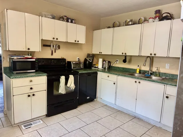 Kitchen featuring light-toned cabinetry with dark hardware, a double basin sink, and a black built-in dishwasher