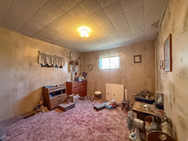 Room featuring acoustic panel ceiling tiles and wood-finish wall paneling
