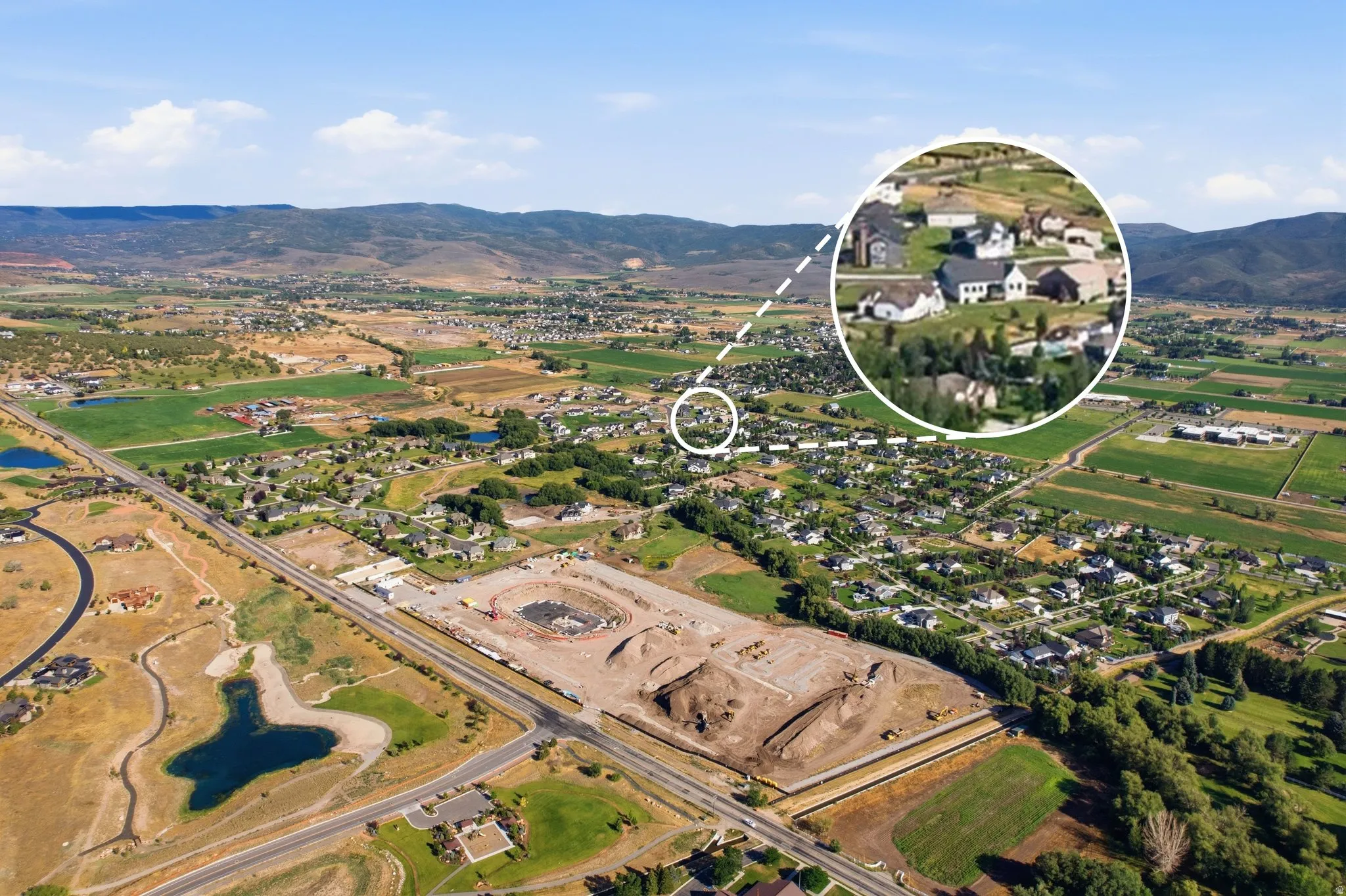 Aerial perspective highlighting a residential area with varied housing styles