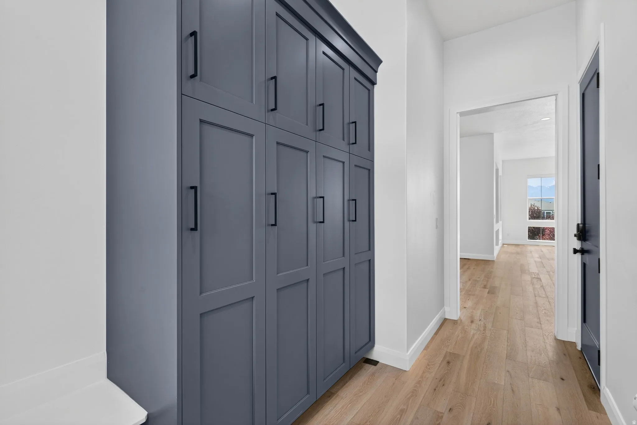 Tall built-in cabinetry with shaker-style doors and black hardware