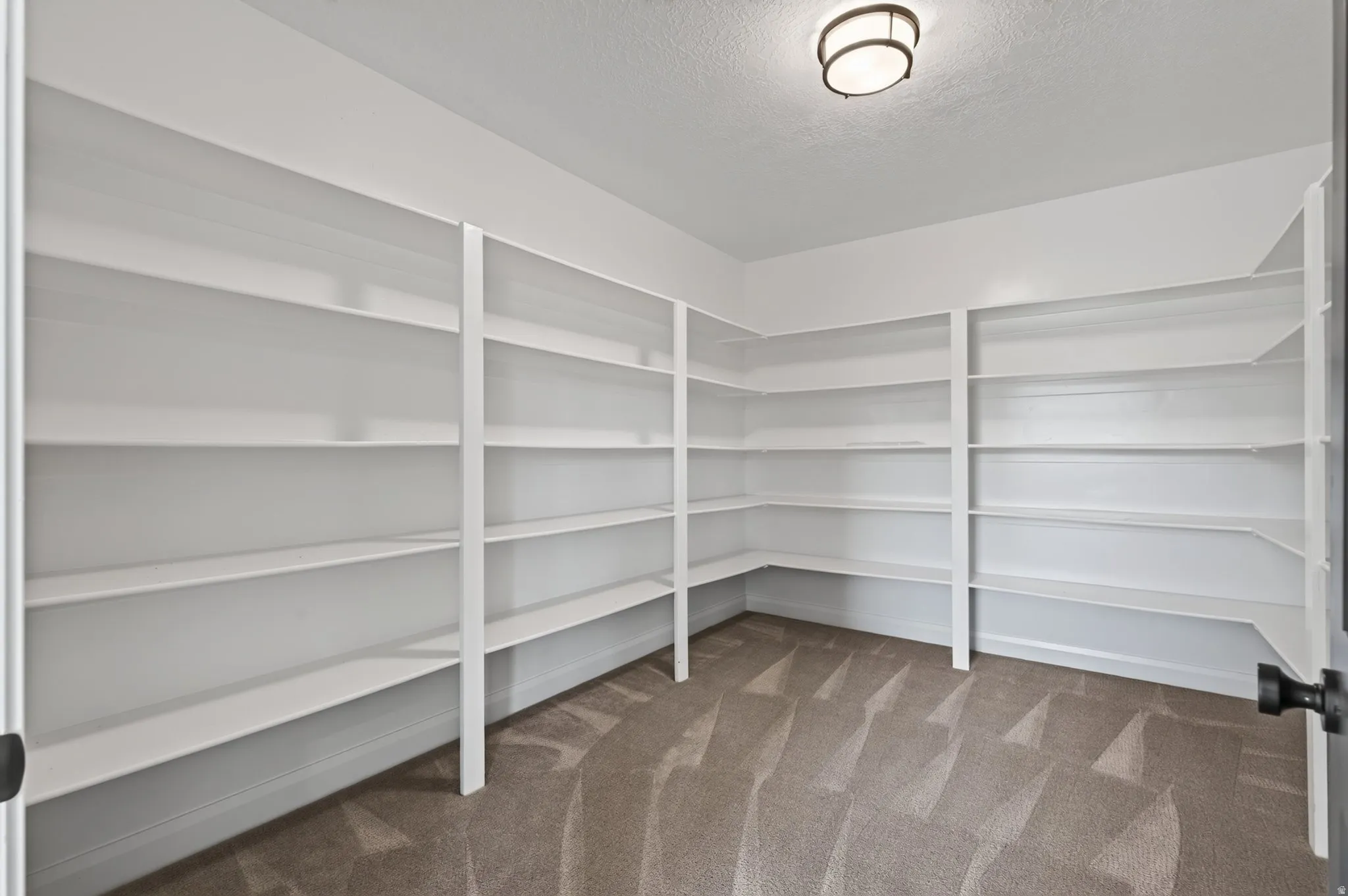 Built-in shelving units, recessed white baseboards, and a semi-flush mount ceiling light