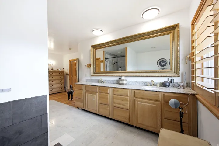 Main home - Expansive master bathroom double vanity featuring wood-finish cabinetry, light-toned countertop, and integrated sinks
