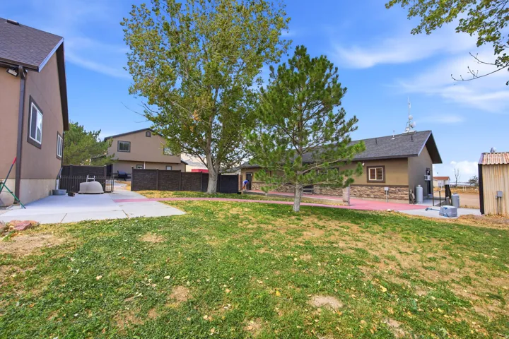 Expansive outdoor area featuring a manicured lawn, established trees, and concrete patio