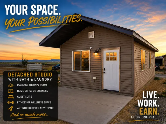 Promotional Advertisement. Detailing the features and potential uses of a detached studio structure on the property
