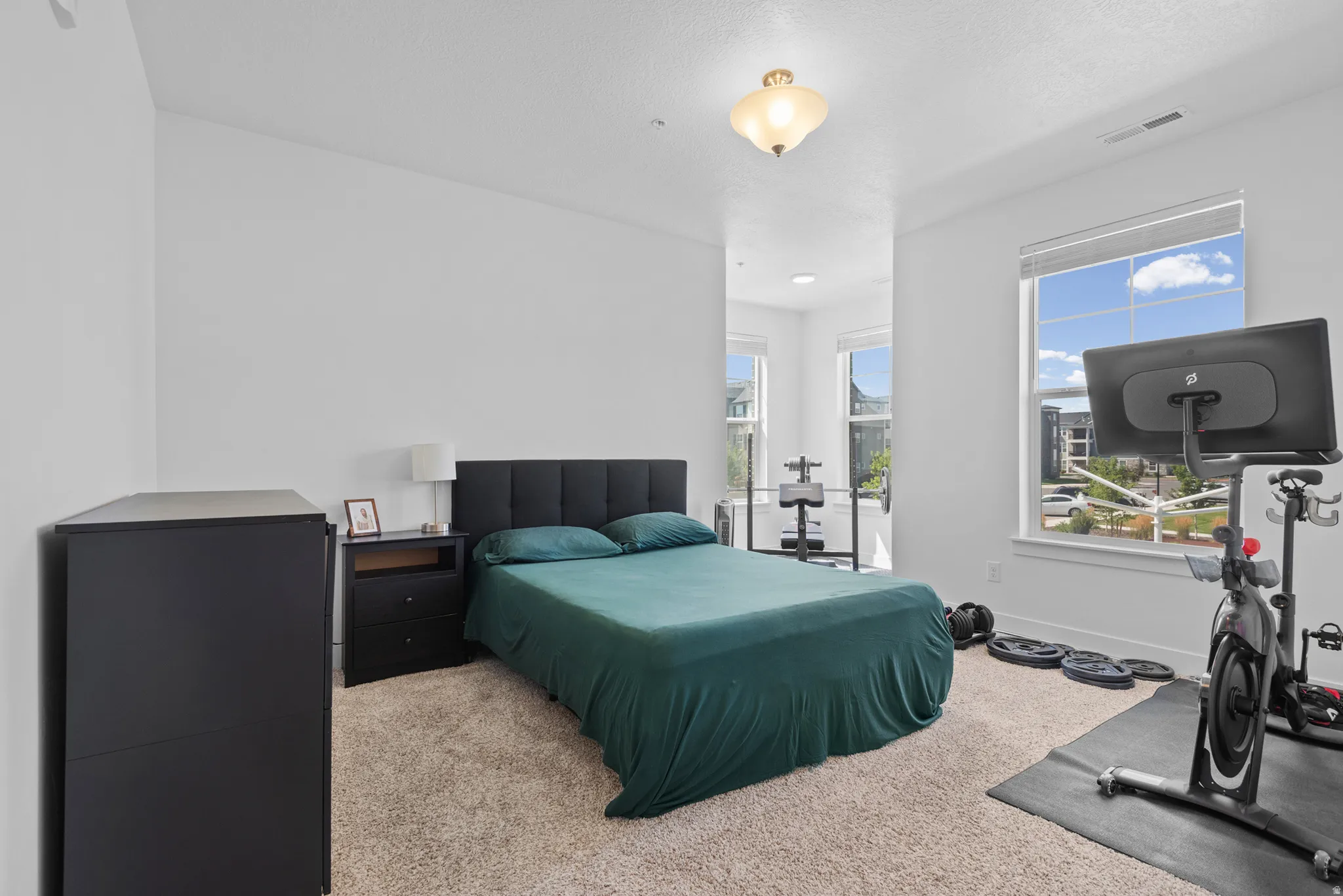 Carpeted bedroom with a vaulted ceiling and a semi-flush mount light fixture