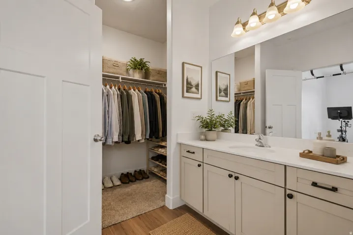 Dual-sink vanity with light-toned cabinetry, a spacious mirror, and a gold-finish light fixture