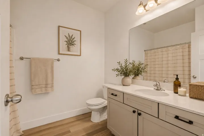 Vanity with an integrated sink, polished chrome faucet, and ample under-sink storage