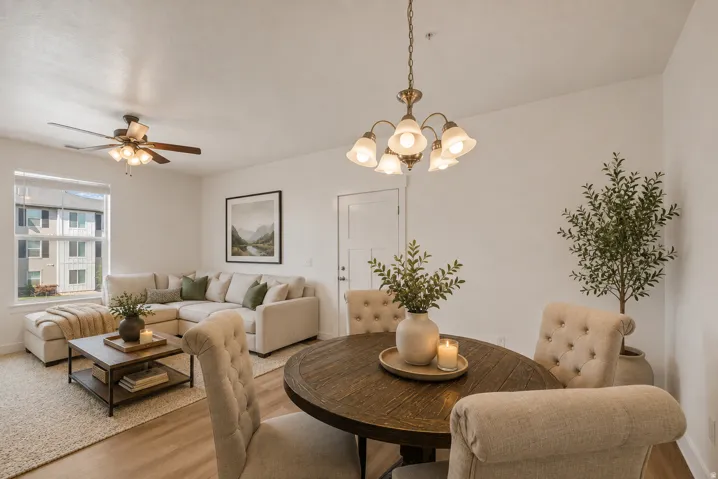 Open-concept living area with wood-finish flooring