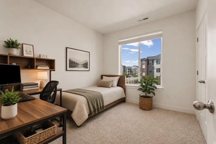 Bedroom featuring a large window, neutral carpeting, and a built-in wood-finish desk with shelving