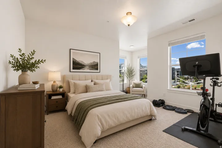 Carpeted flooring, vaulted ceiling, and recessed lighting