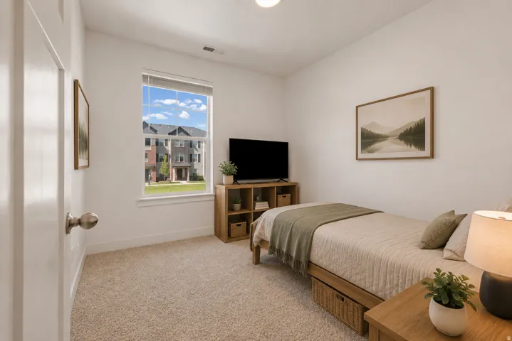 White interior walls, neutral tone carpet, and a large window with blinds