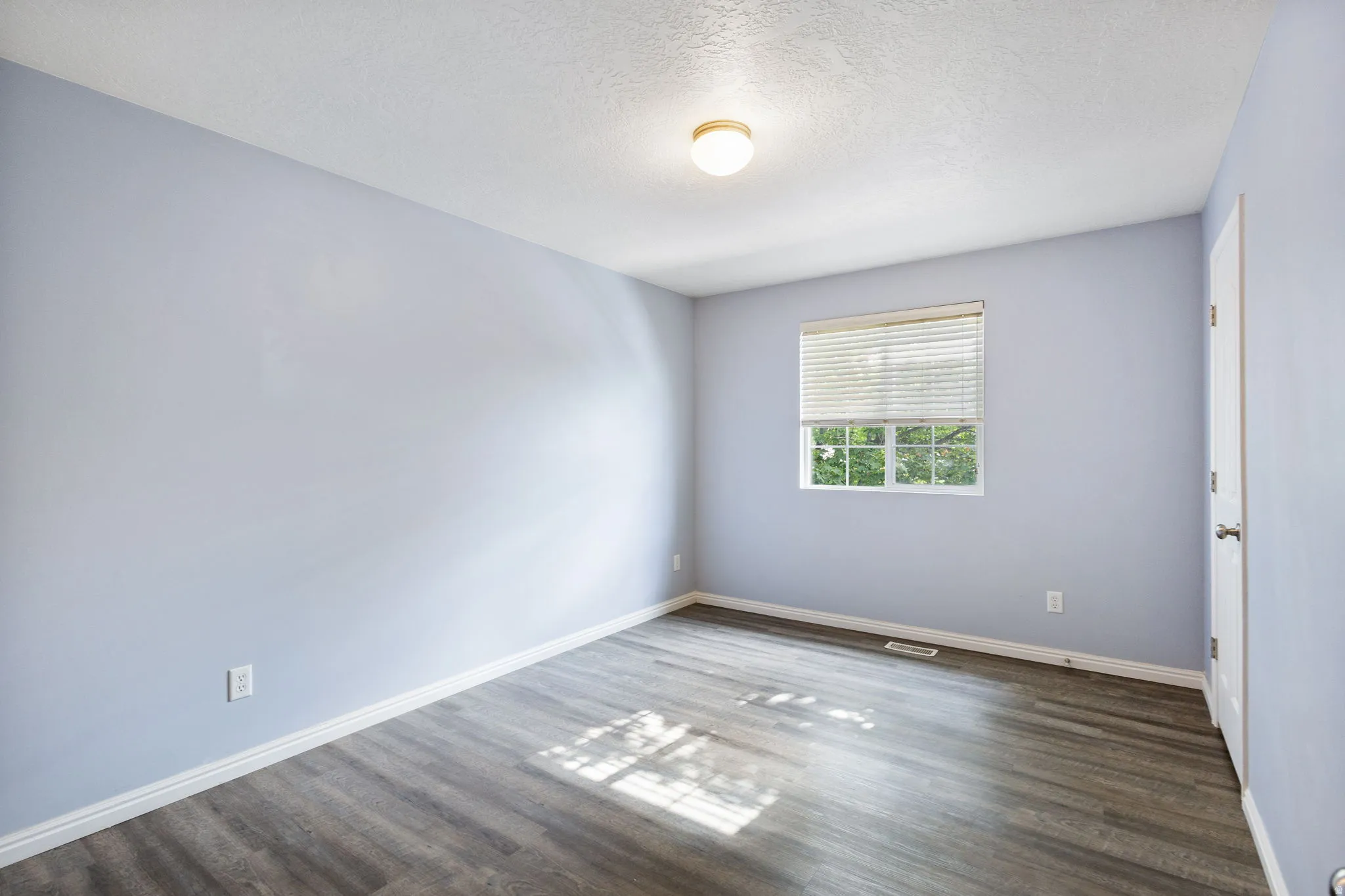 Spacious room featuring light blue walls, wood-finish flooring, a window with blinds, a white door with a silver handle, and a ceiling-mounted light fixture