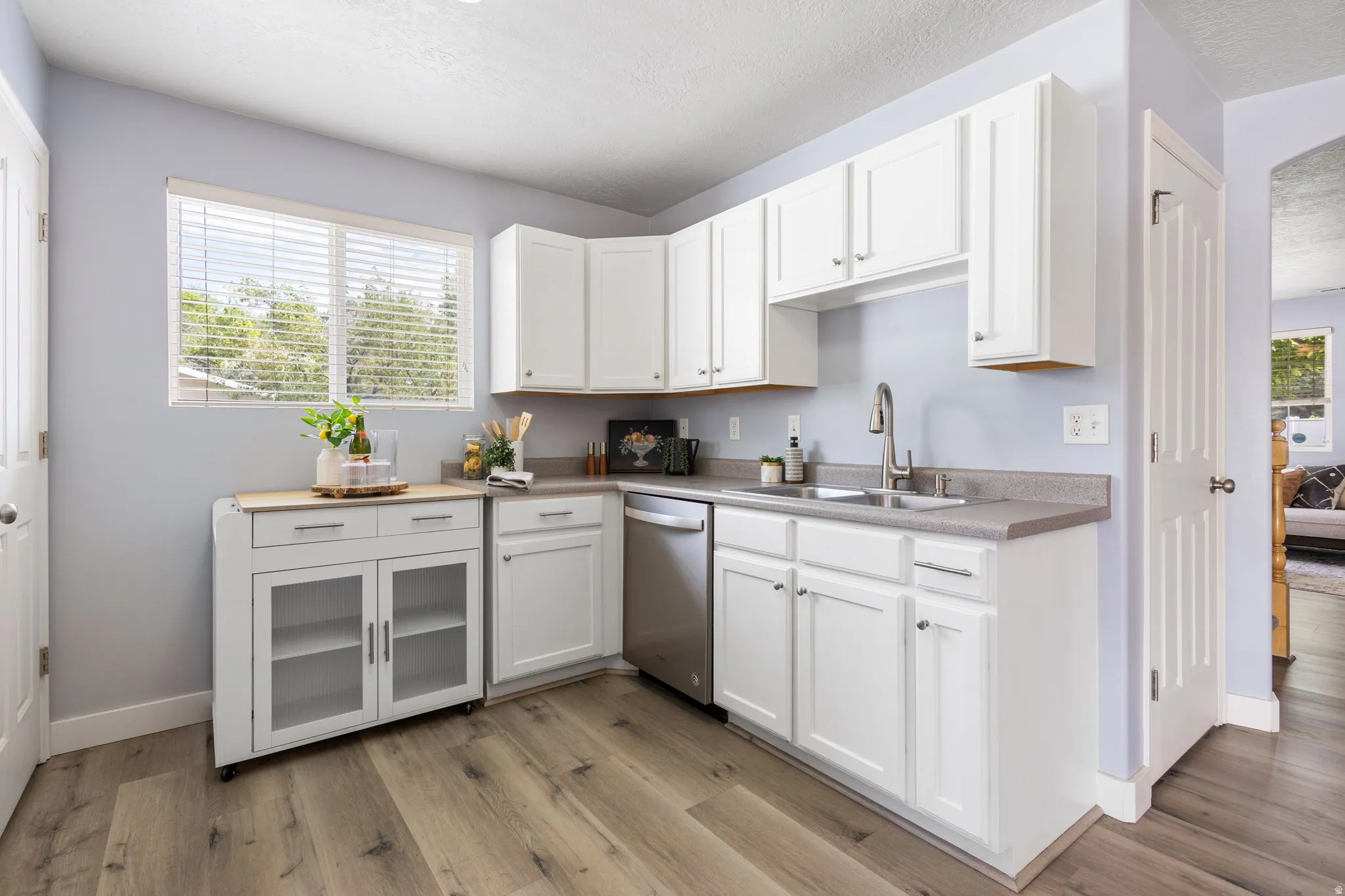Kitchen featuring white cabinetry with silver-tone hardware, wood-finish flooring, and a stainless steel dishwasher