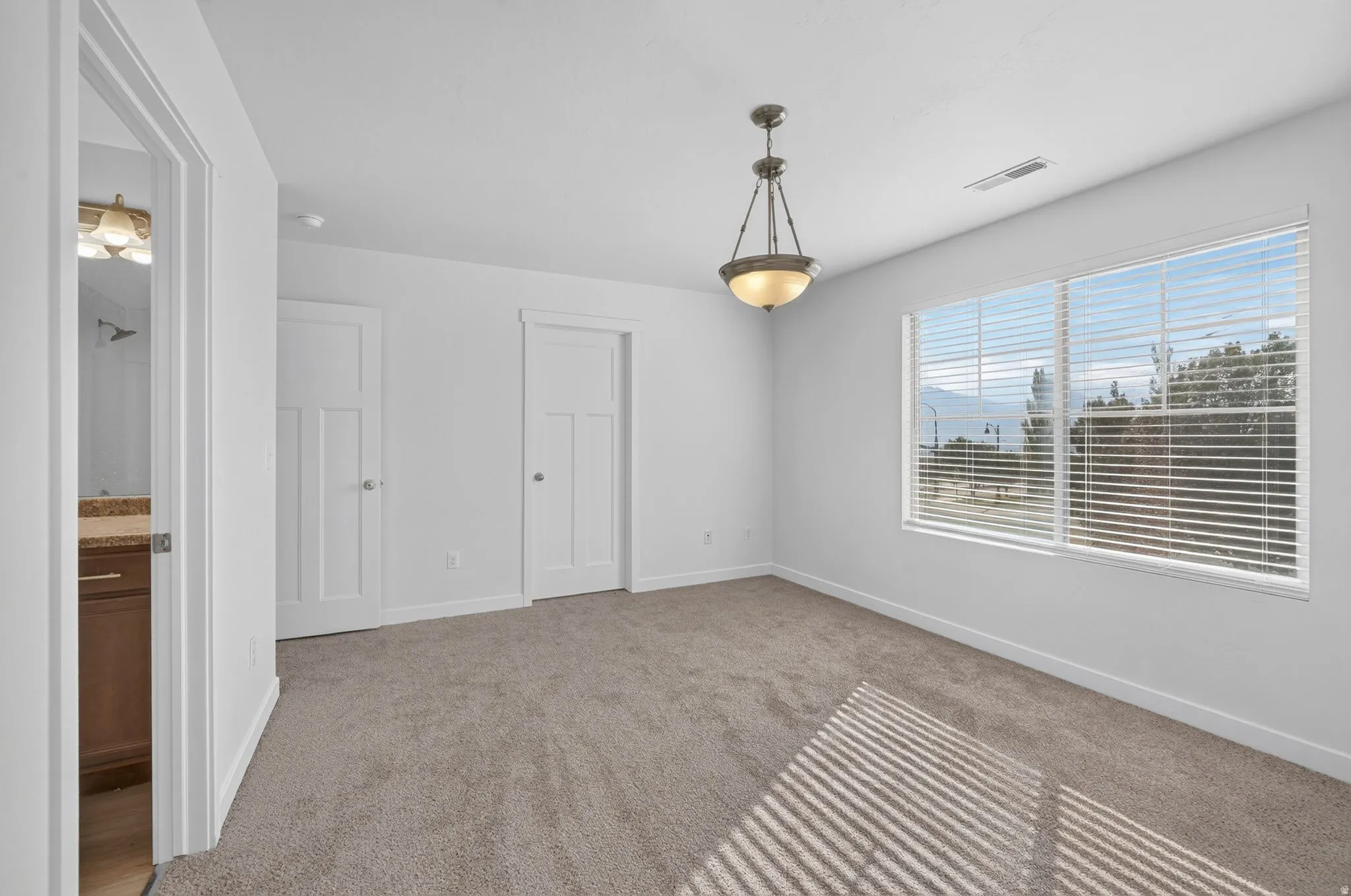 Spacious room featuring neutral carpeting, a large window with horizontal blinds, and a prominent ceiling light fixture