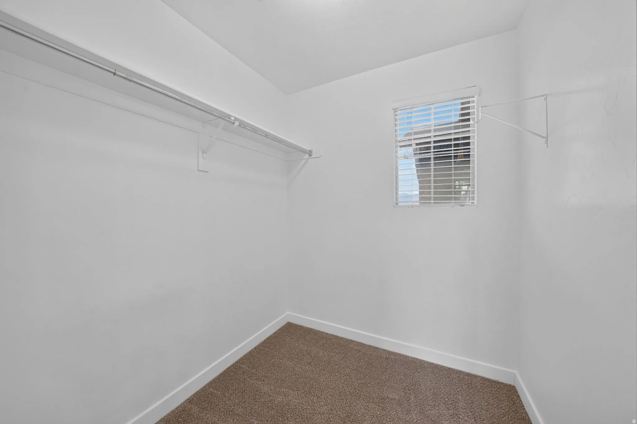 Well-lit closet space featuring a built-in wire shelving system, a window with horizontal blinds, and neutral-toned carpeting