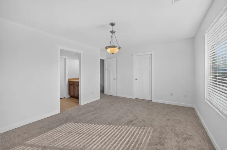 Spacious room featuring neutral carpeting, a modern pendant light fixture, and white trim throughout