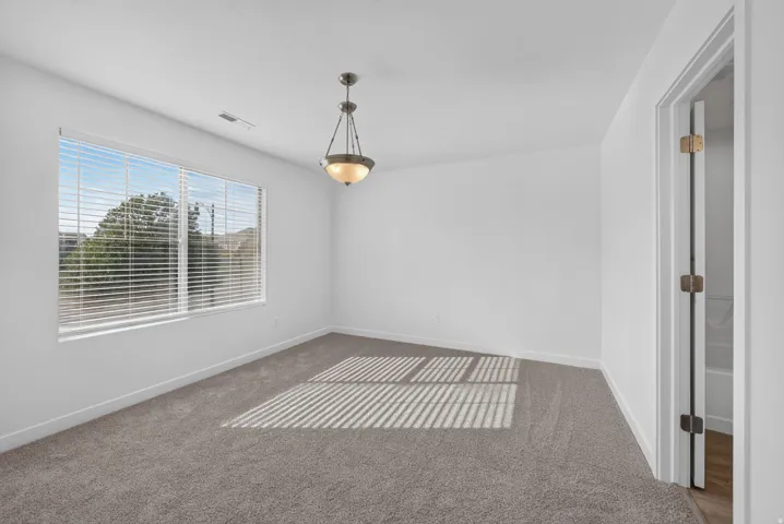 Spacious room with plush gray carpeting, crisp white walls, and a large window with white blinds