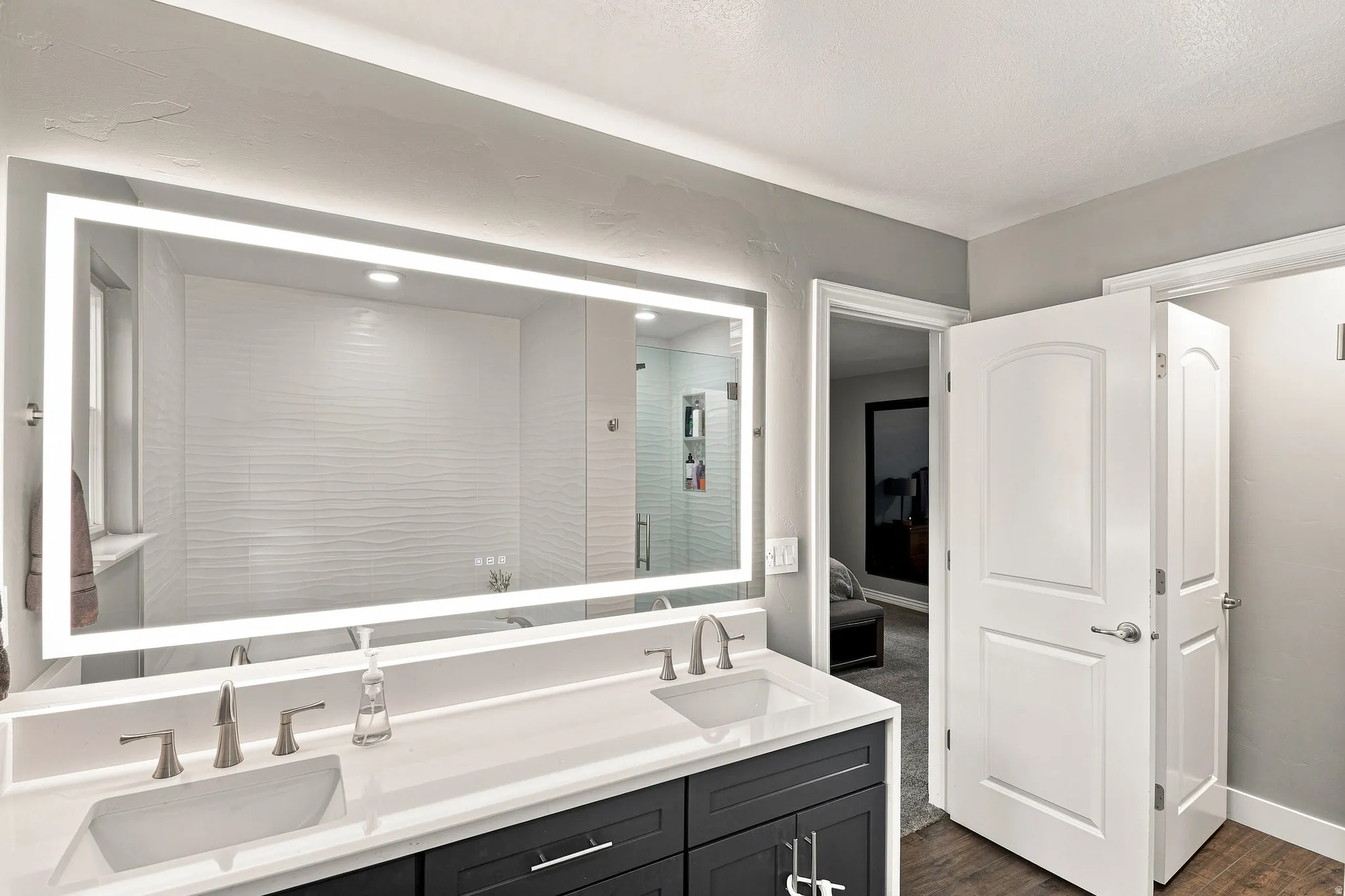 NEW Cabinets, Quartz Counters, Dual Sinks, Mirror, Lighting, Plumbing Fixtures