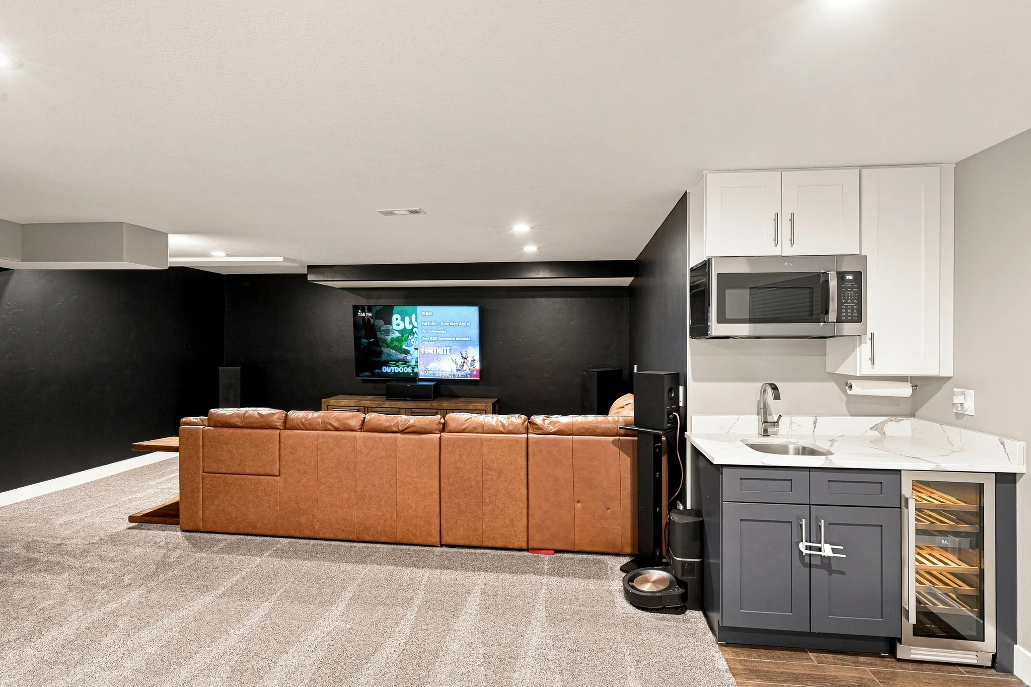 NEW Wet Bar with Sink, Disposal, Microwave and Beverage/Wine Fridge