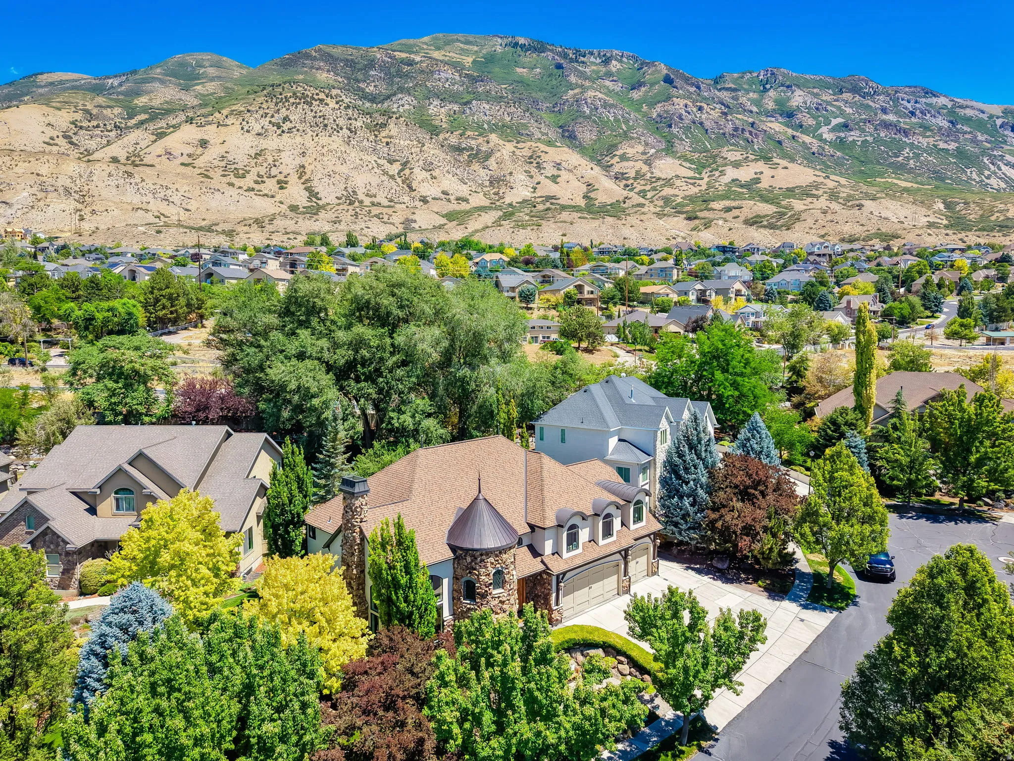 Stone and stucco exterior residence featuring a prominent turret with a conical roof, a multi-car garage, and a lushly landscaped front yard
