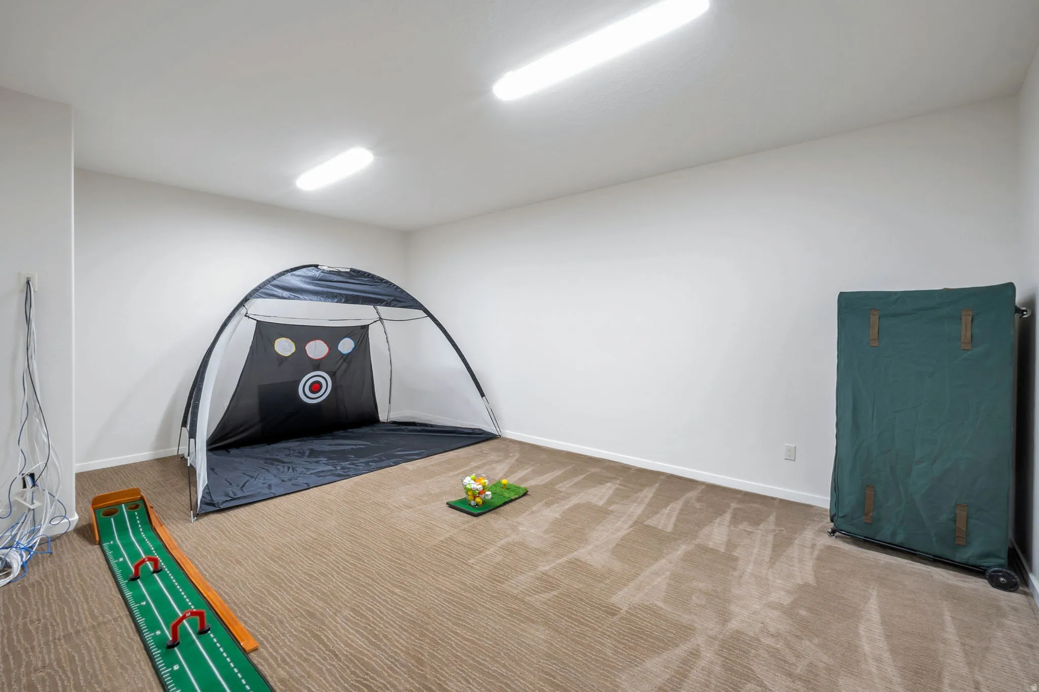 Spacious room with light-toned carpet flooring, white walls, and bright overhead lighting