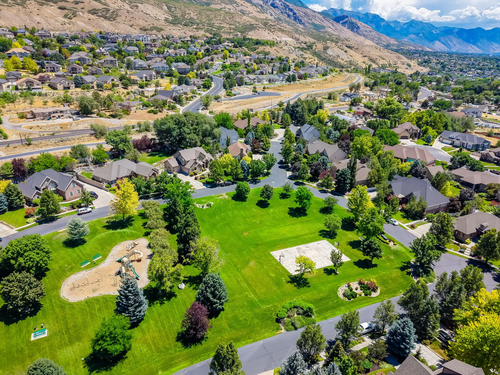 Aerial perspective of a developed residential area featuring a large central green space with mature trees