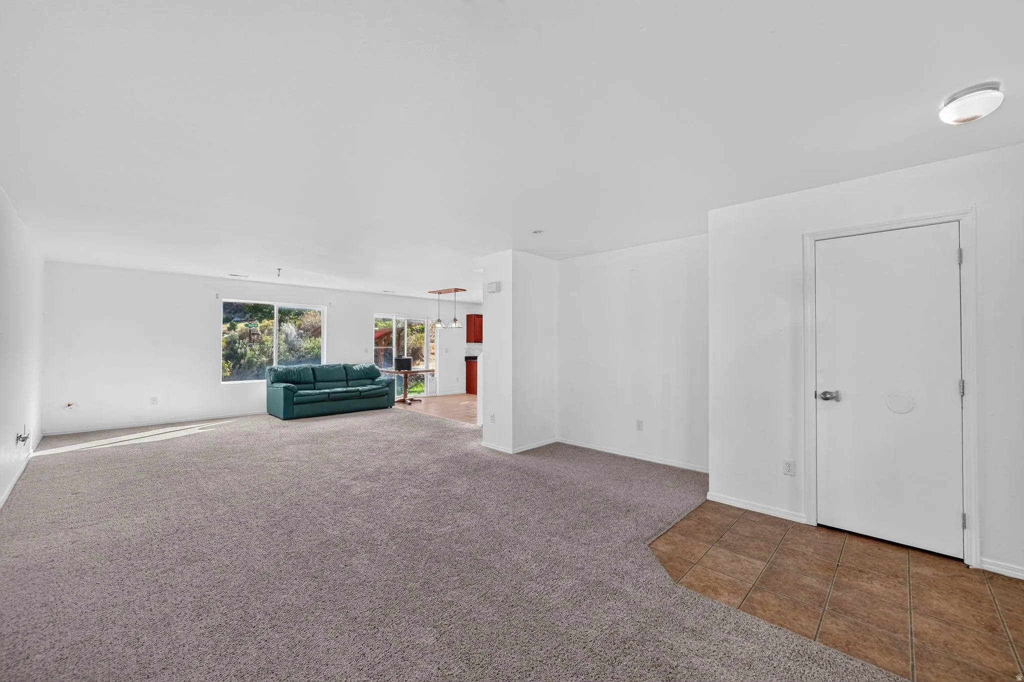 Expansive carpeted room featuring a large window, white walls, and a white door with silver hardware